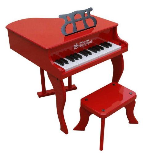 Wooden Piano with seat, white, pink, black, Red