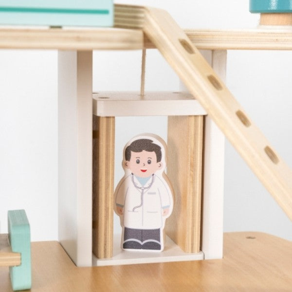Wooden Hospital With Ambulance Elevator Set 15 pcs