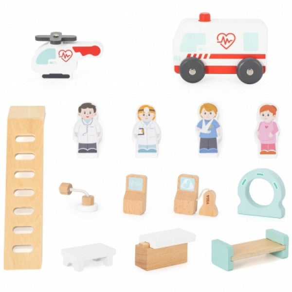 Wooden Hospital With Ambulance Elevator Set 15 pcs