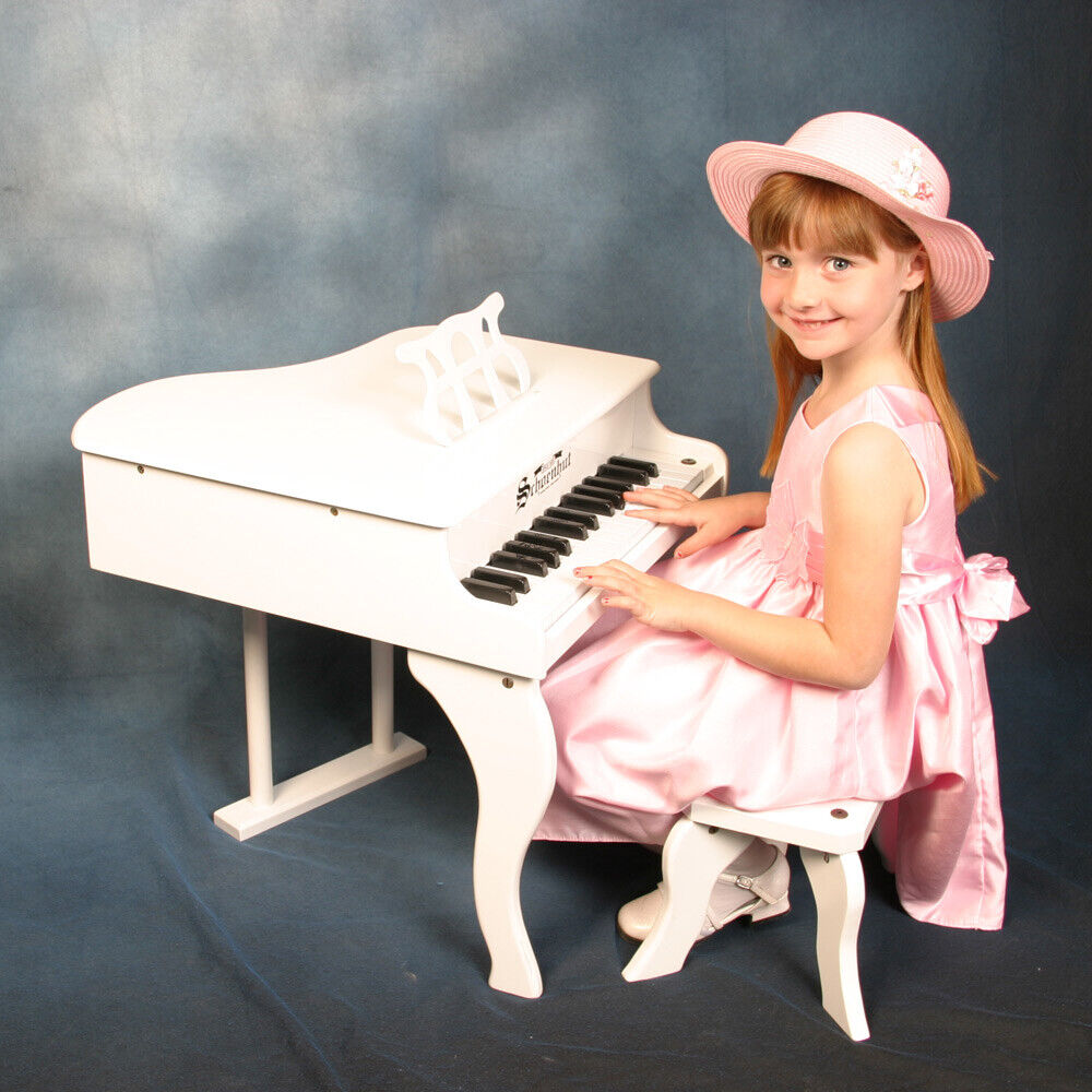 Wooden Piano with seat, white, pink, black, Red