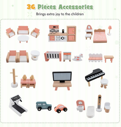 Honey Joy Doll House With 6 Rooms and 36 Accessories