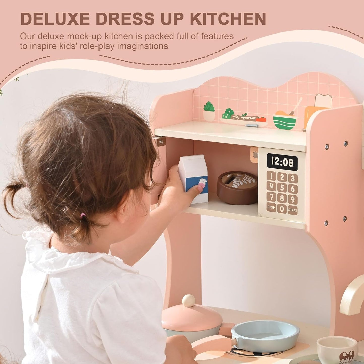 Wooden Play Kitchen for Kids With Coffee Maker Accessories & Modern Style