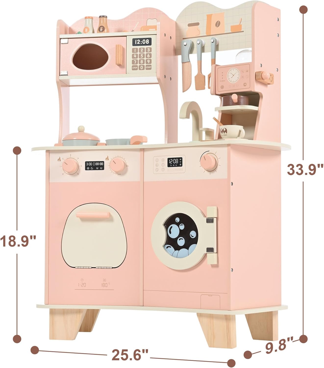Wooden Play Kitchen for Kids With Coffee Maker Accessories & Modern Style
