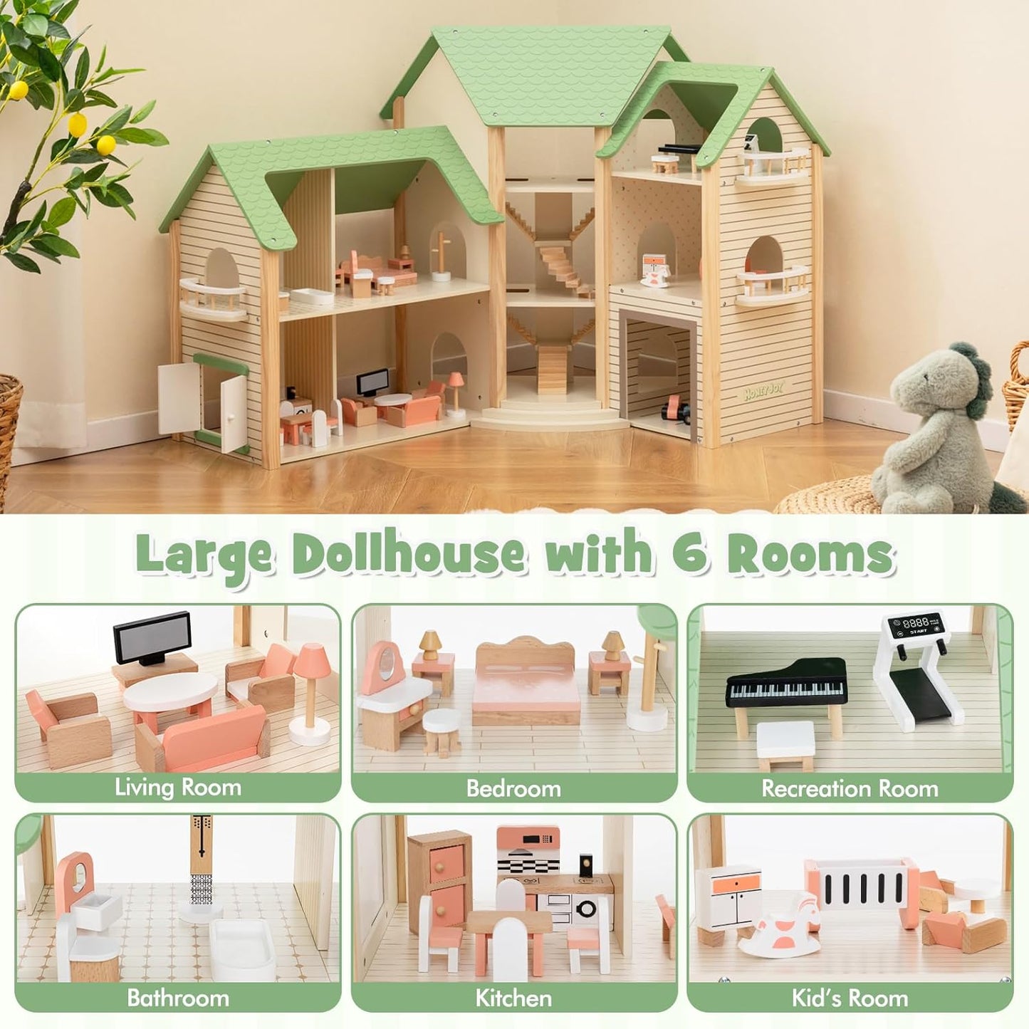 Honey Joy Doll House With 6 Rooms and 36 Accessories