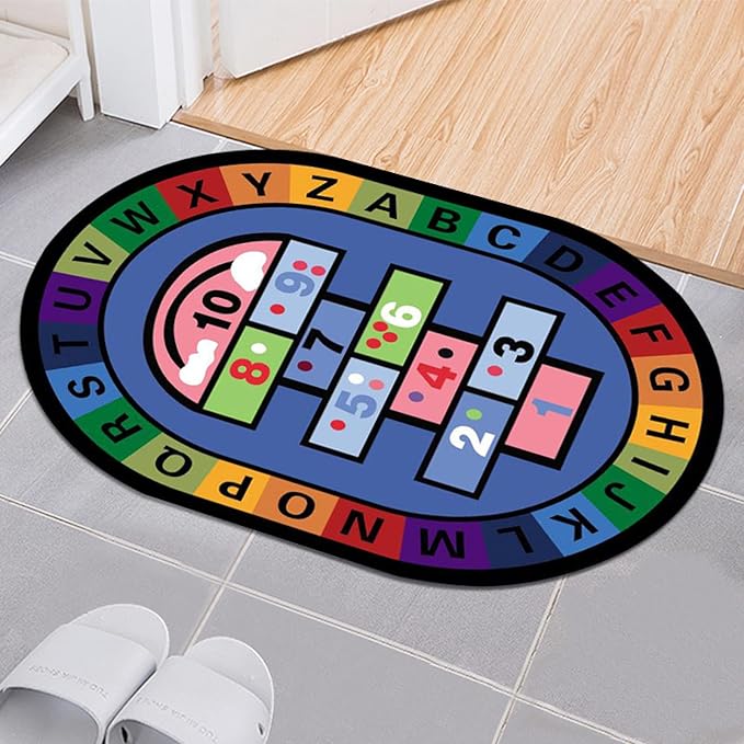 Oval Area Mat Microfiber Non-Slip Cartoon Number Alphabet,