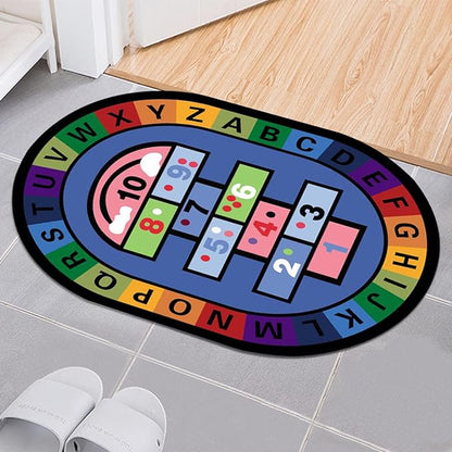 Oval Area Mat Microfiber Non-Slip Cartoon Number Alphabet,