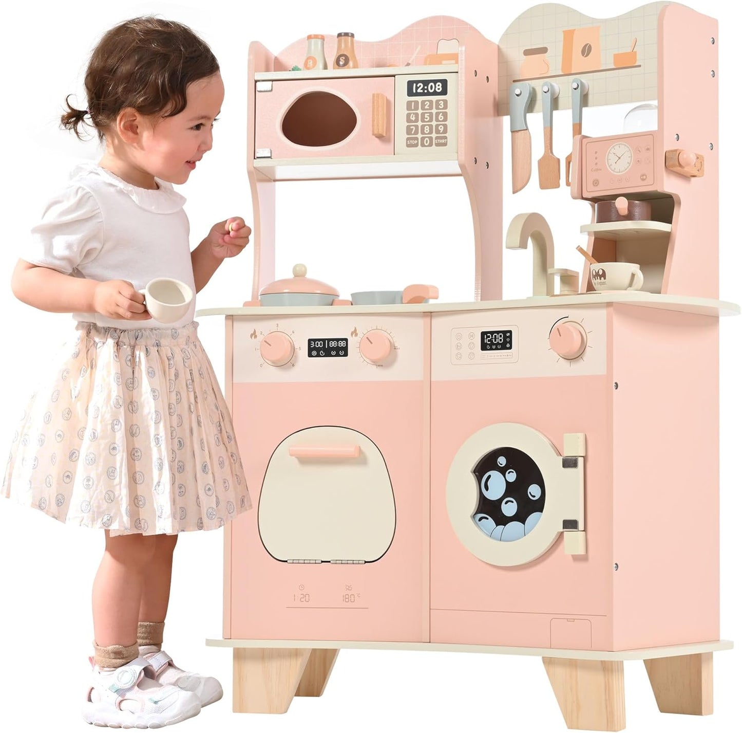 Wooden Play Kitchen for Kids With Coffee Maker Accessories & Modern Style