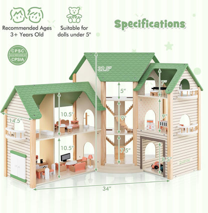 Honey Joy Doll House With 6 Rooms and 36 Accessories
