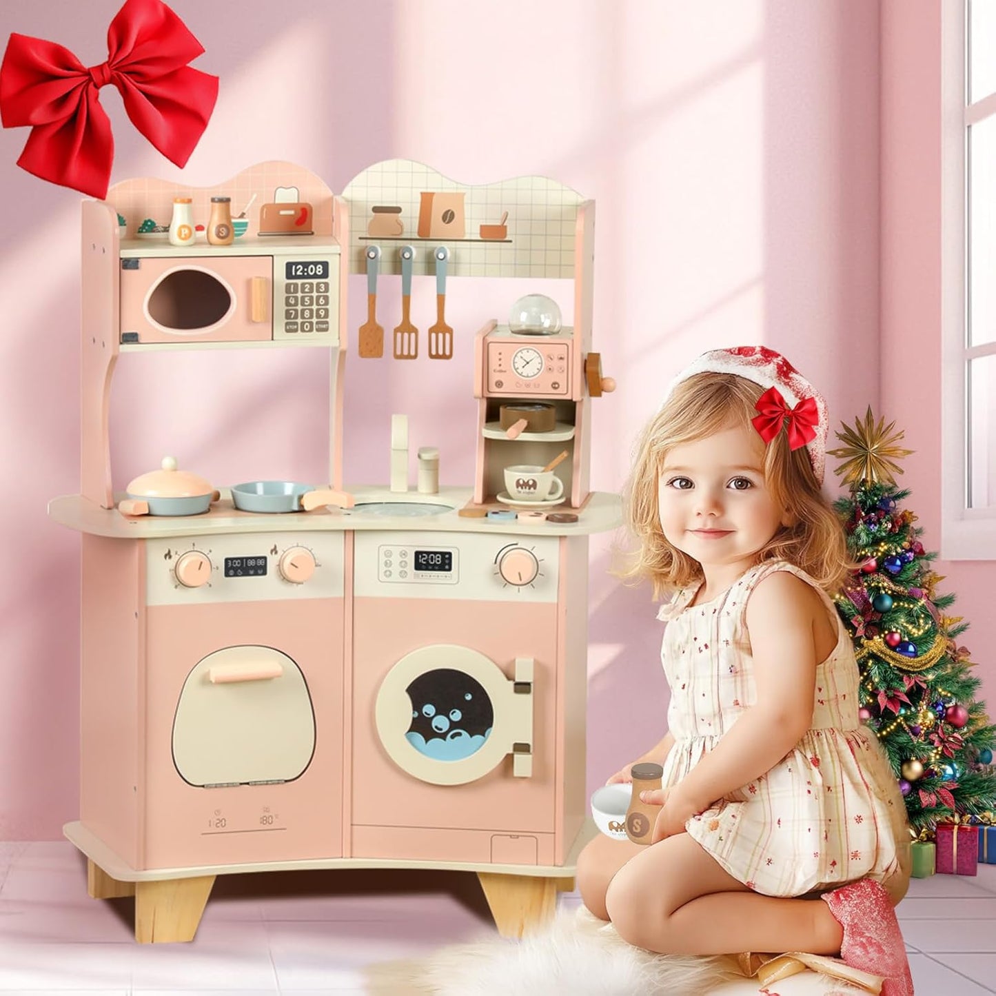 Wooden Play Kitchen for Kids With Coffee Maker Accessories & Modern Style