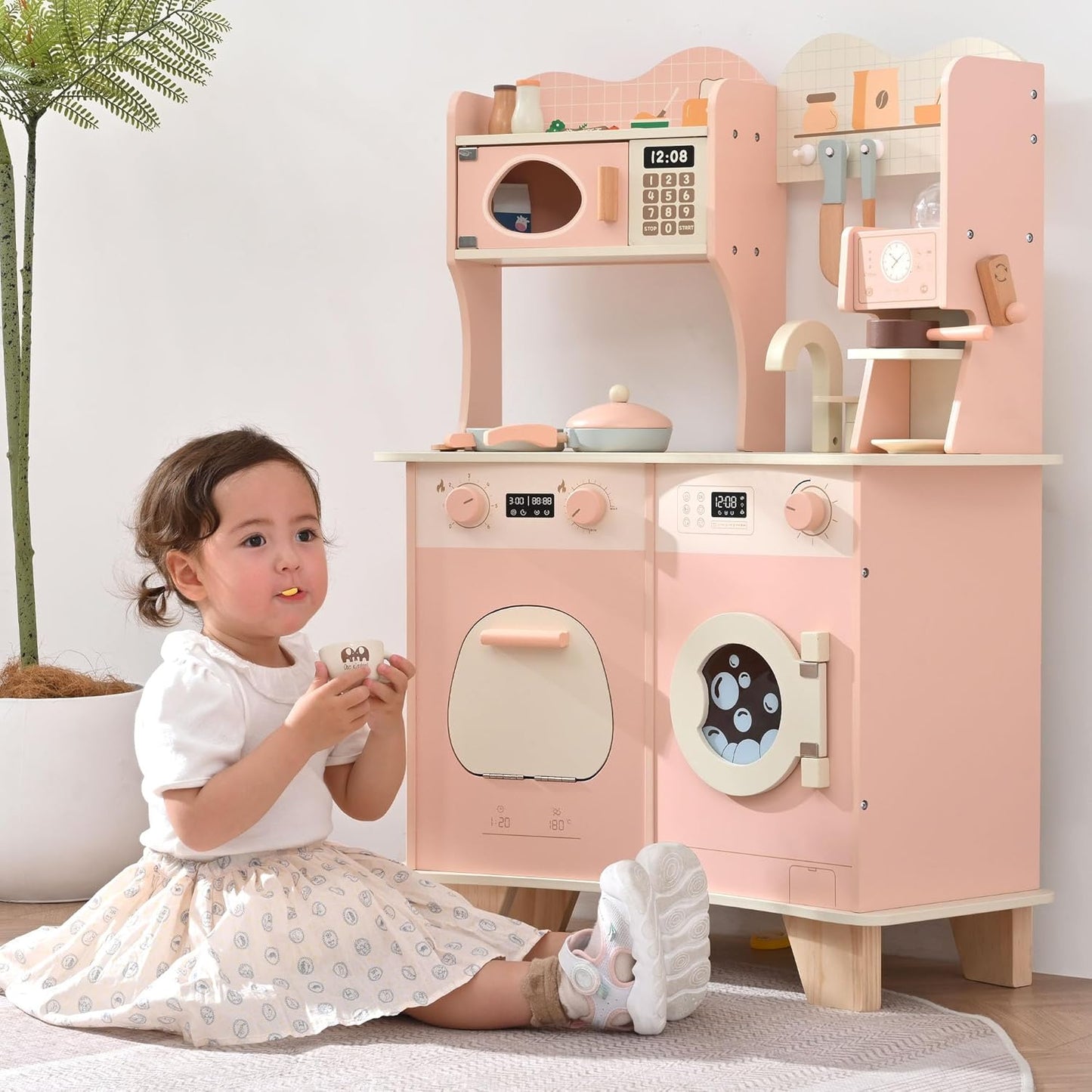 Wooden Play Kitchen for Kids With Coffee Maker Accessories & Modern Style