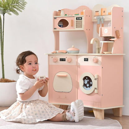 Wooden Play Kitchen for Kids With Coffee Maker Accessories & Modern Style