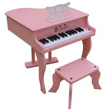 Wooden Piano with seat, white, pink, black, Red
