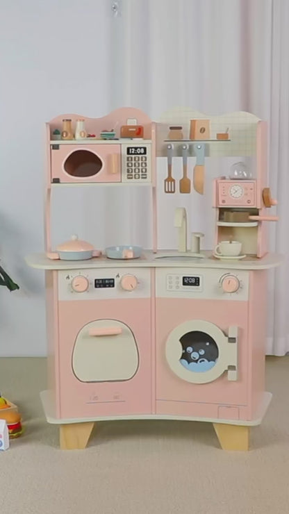 Wooden Play Kitchen for Kids With Coffee Maker Accessories & Modern Style